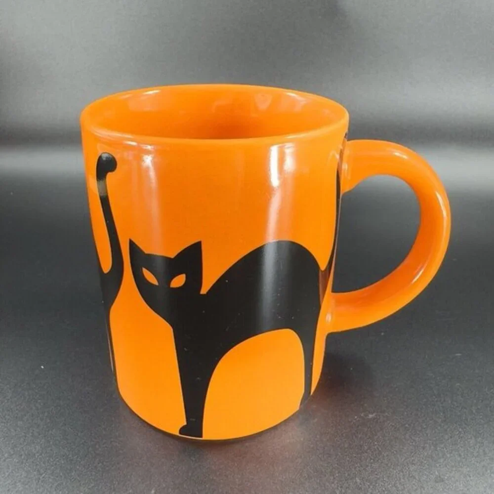Crate & Barrel Orange Coffee Mug Cup Purple Black Halloween Cats Ceramic Set‎ 2